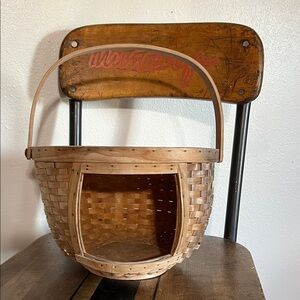 Handmade basket with front cutout for onions or potatoes and handle